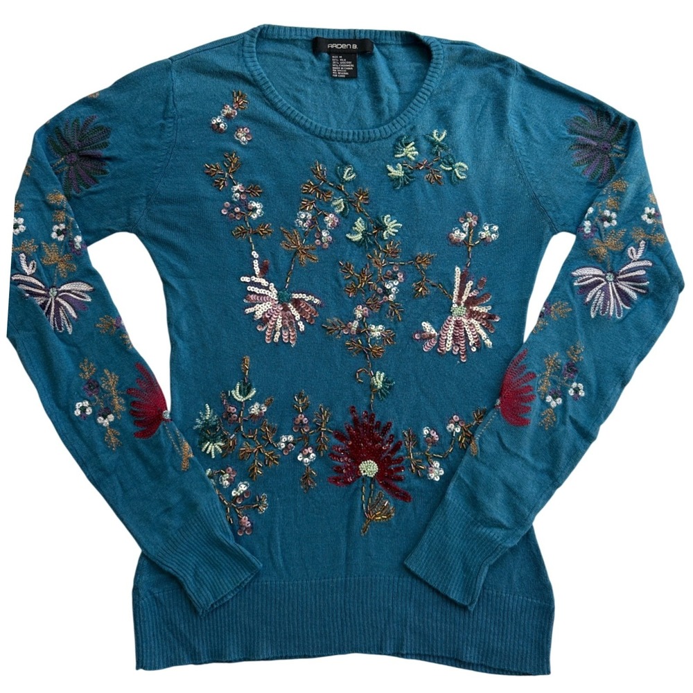 Arden B Silk Cashmere Floral Beaded Sequin Sweater Women Medium Teal Blue Good